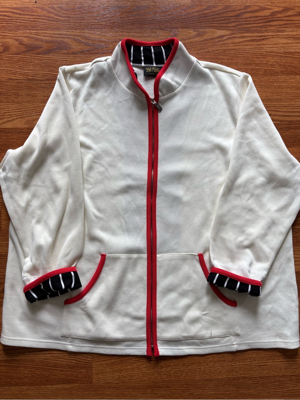 Bob Mackie 3x Cream Jacket with Red Trim and Black-White Stripe Lining cardigan